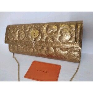 Lovcat Gold Heart Embossed Chain Clutch Wallet NWOT Pink Heart Lining Charm